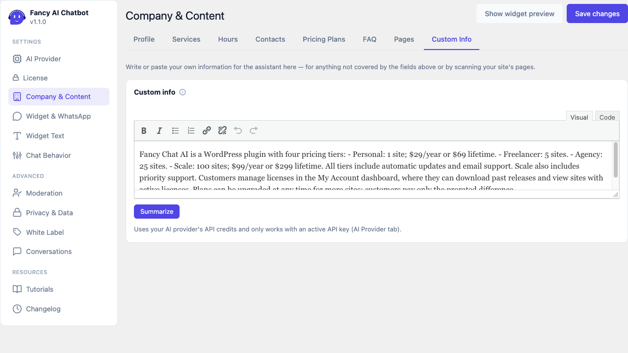 Company &amp; Content — Custom Info