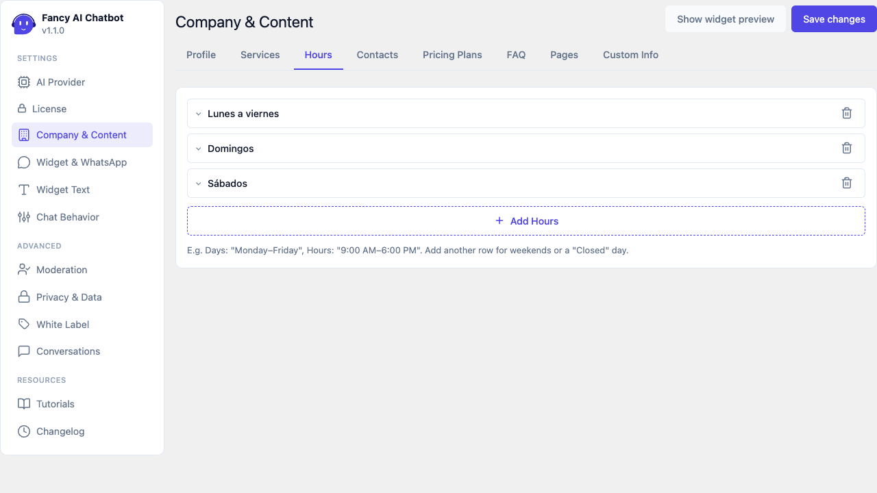 Company &amp; Content — Hours