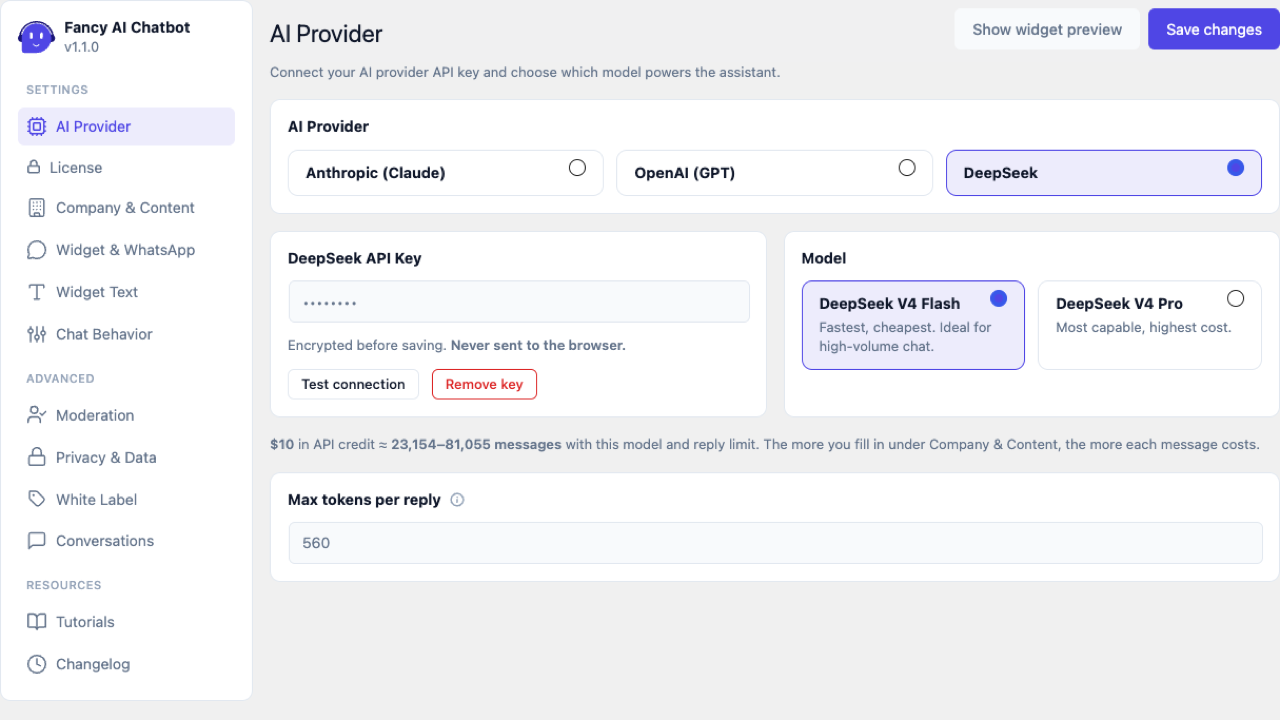 Live widget preview, embedded in the settings page