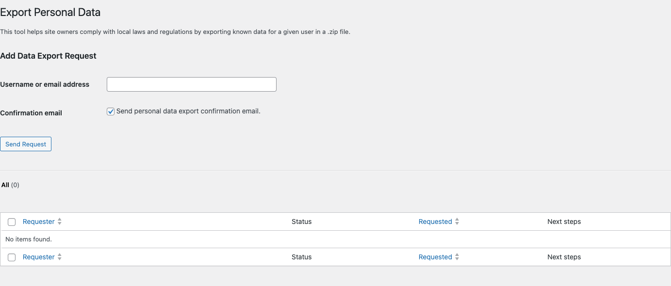 Tools > Export Personal Data