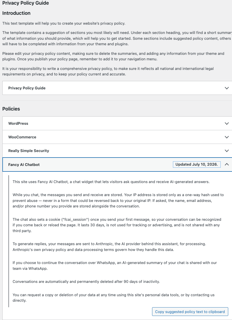 Settings > Privacy > Policy Guide, with the text suggested by Fancy AI Chatbot