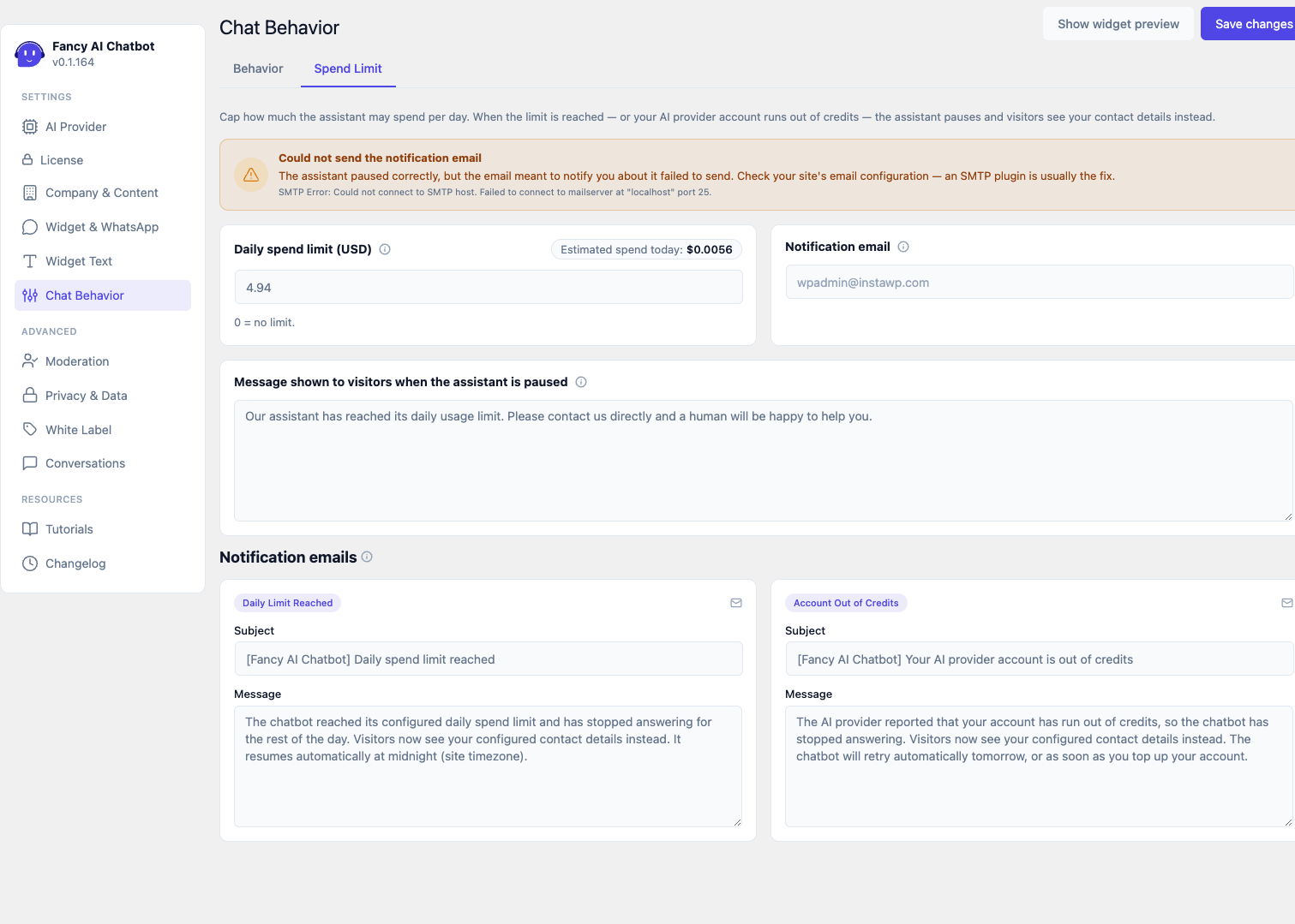 Comportamiento del chat — Límite de gasto, fallo al enviar el correo de notificación