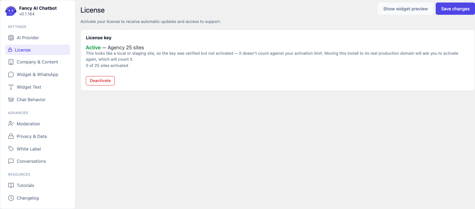 Licencia — activada en un sitio local/staging