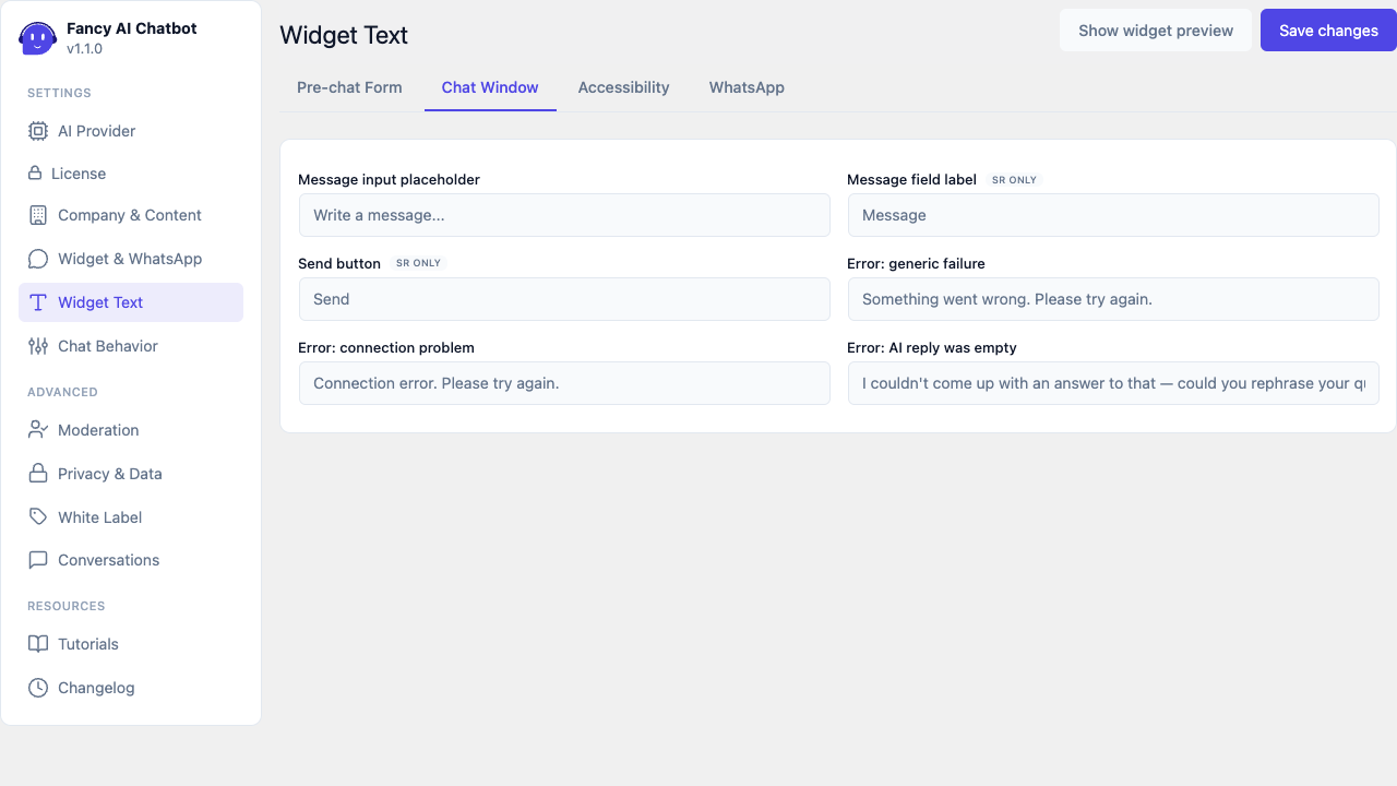 Textos del widget — Ventana de chat