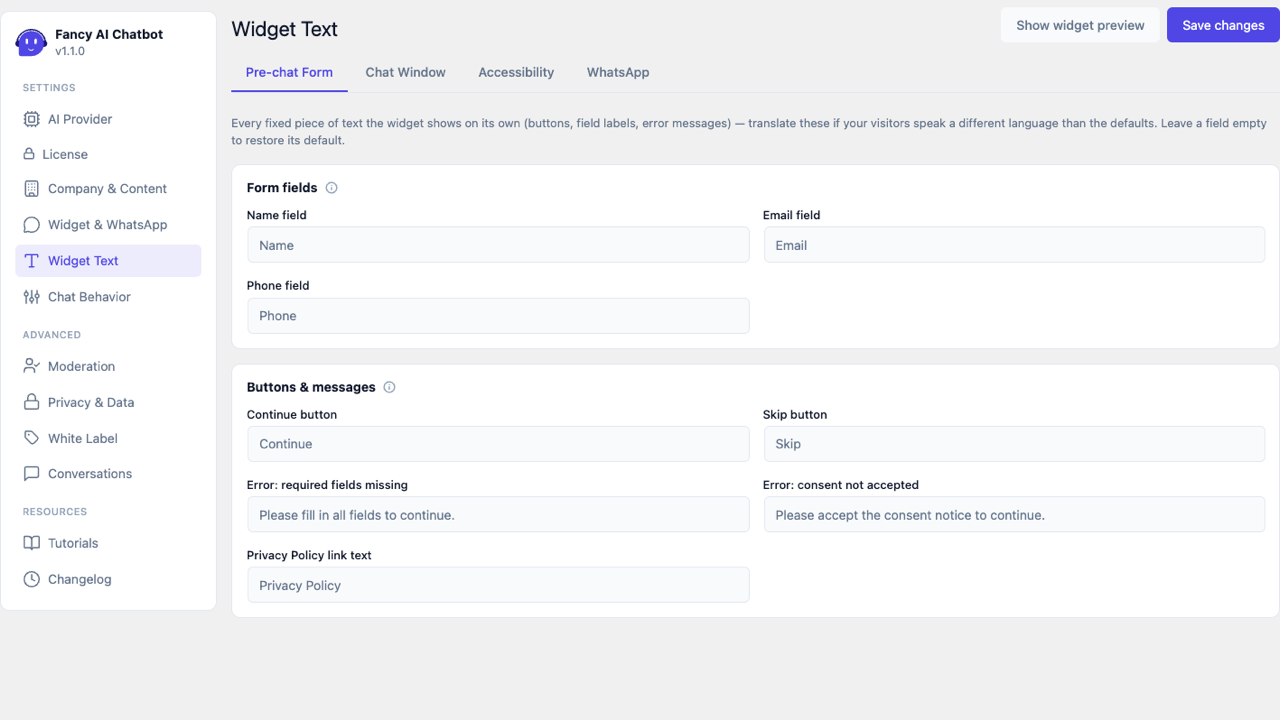 Textos del widget — Formulario previo al chat