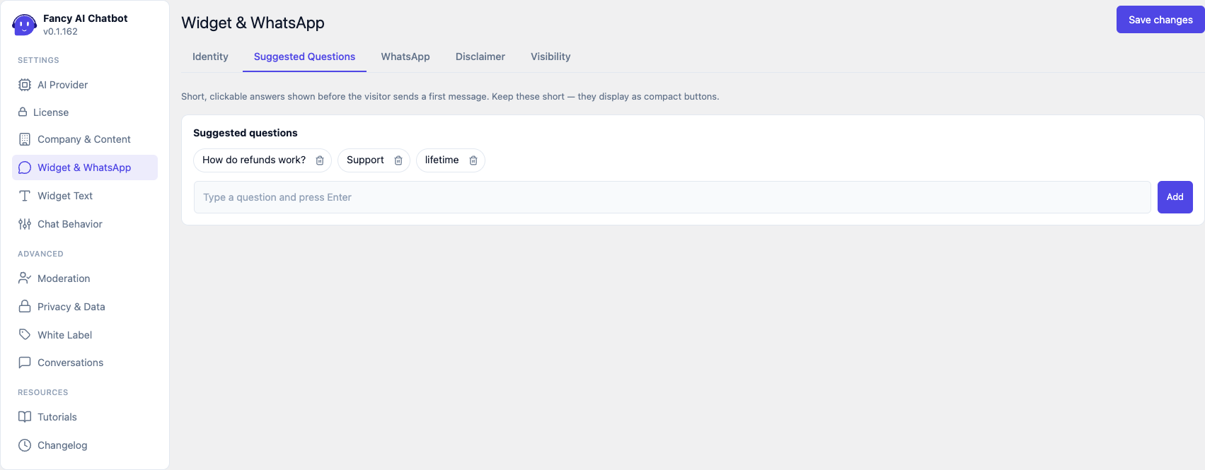 Widget y WhatsApp — Preguntas sugeridas