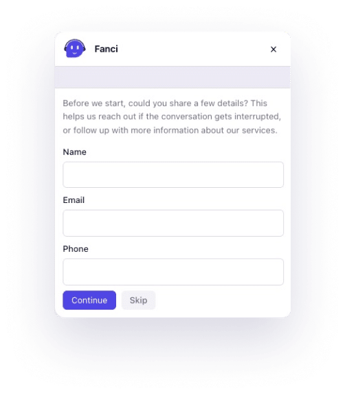 Fanci bot greeting with suggested questions